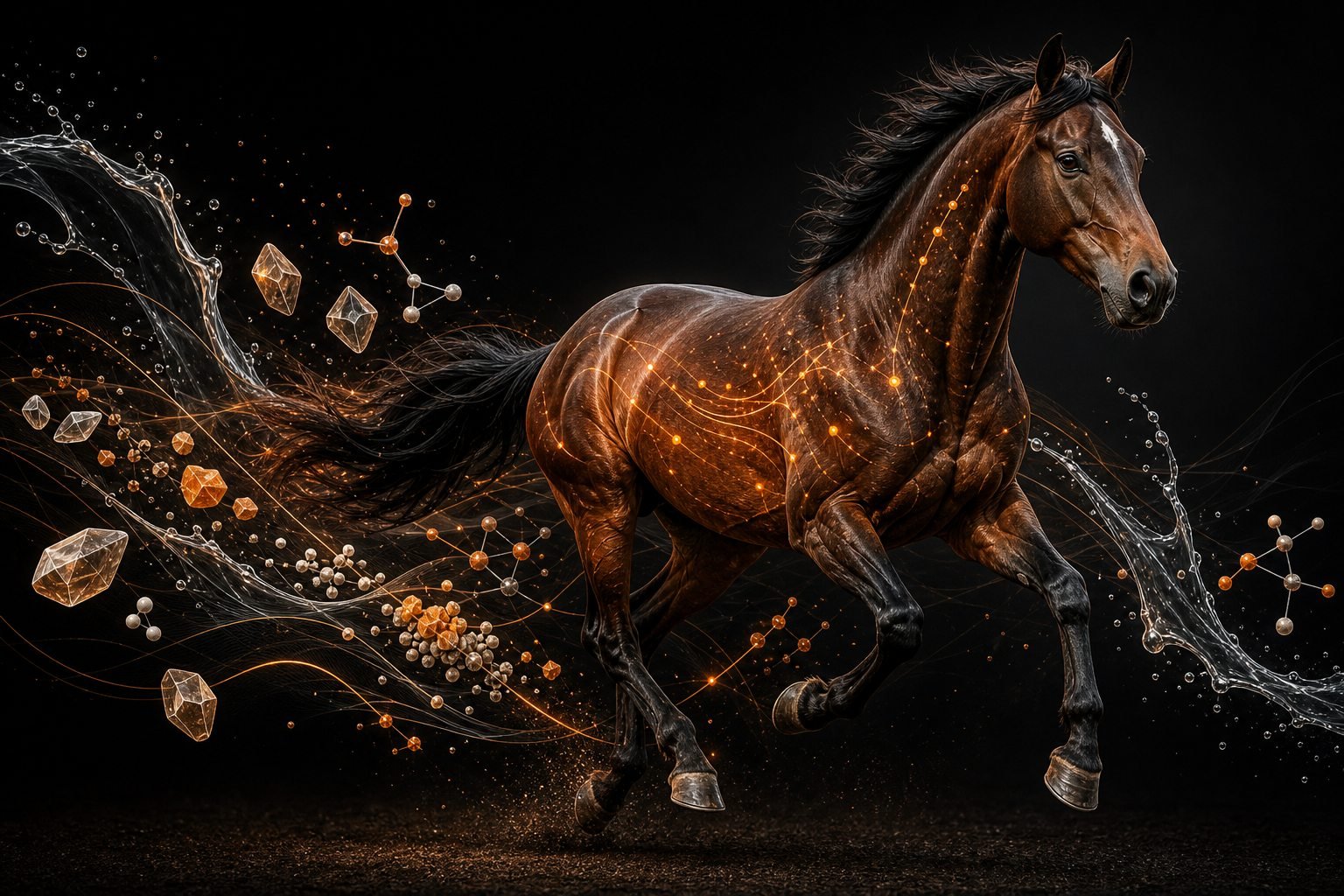 Ilustração conceitual de energia, hidratação e nutrição no cavalo atleta