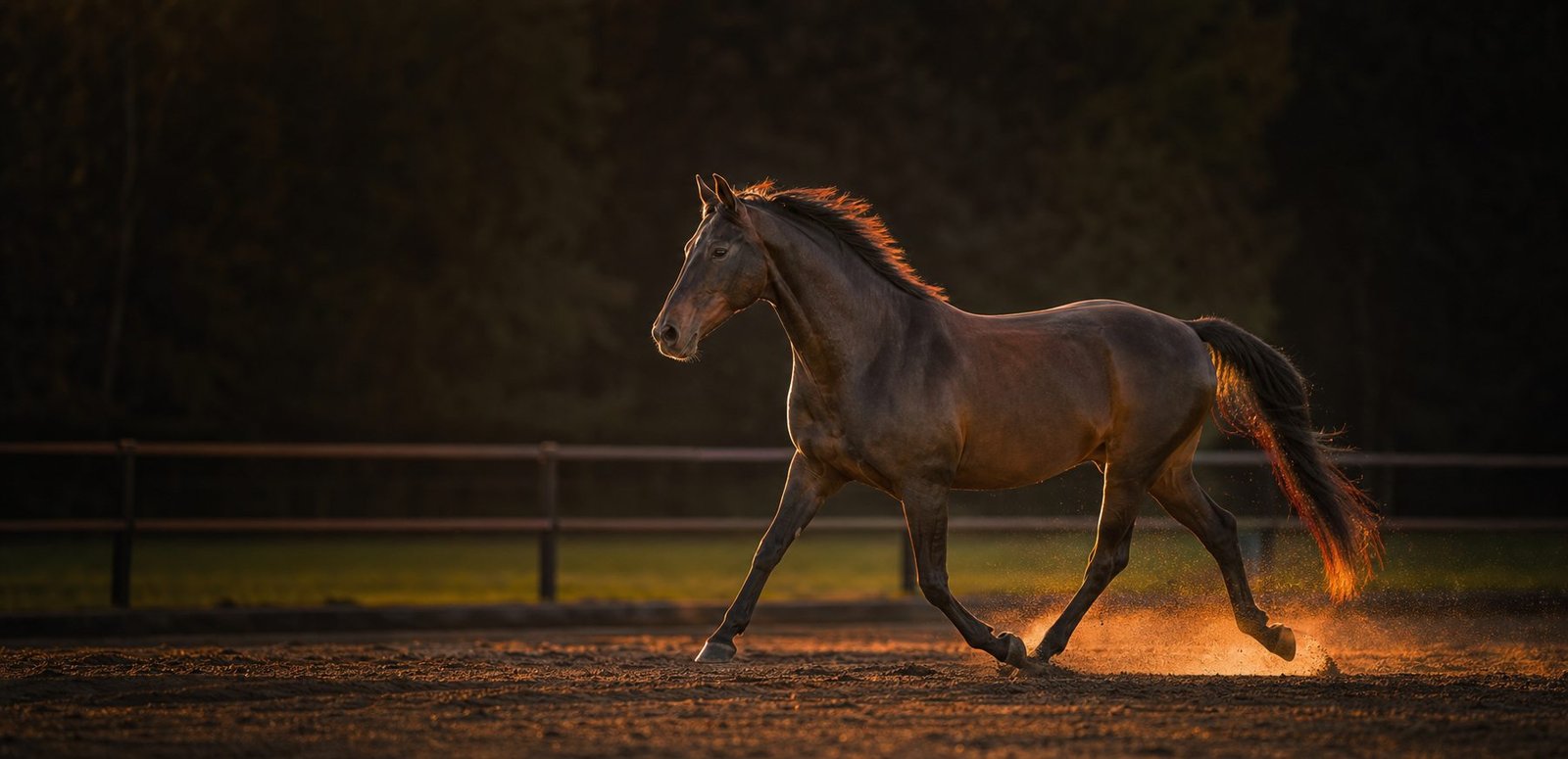 Cavalo em treinamento controlado ao amanhecer