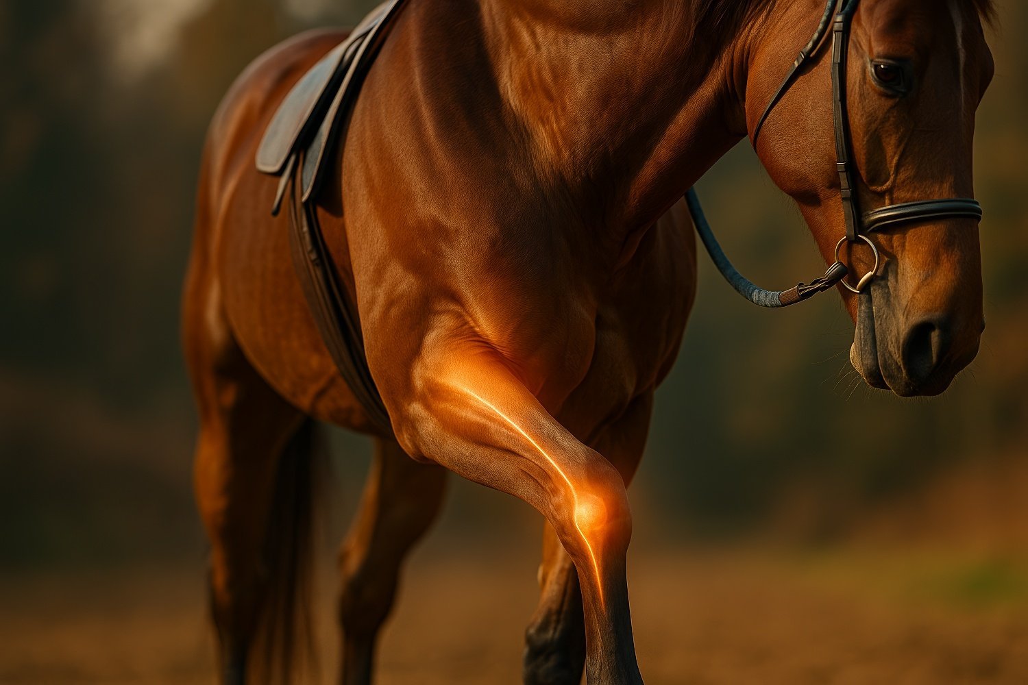Cavalo ao entardecer em área de treinamento