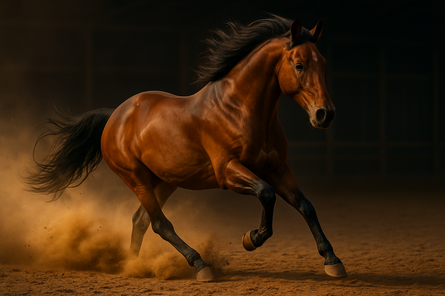 Cavalo em galopada controlada no picadeiro