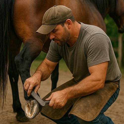 Ferrador trabalhando no casco de um cavalo